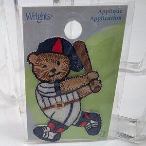 Baseball Bear Embroidered Iron-On Patch Wrights Appliqué 1.5"x2-3/8"